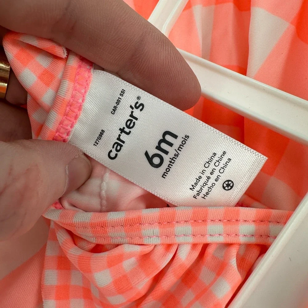 Carter's 2 Piece‎ Swimsuit Set Girls 6M Neon Pink White Gingham Ruffle Beach NWT